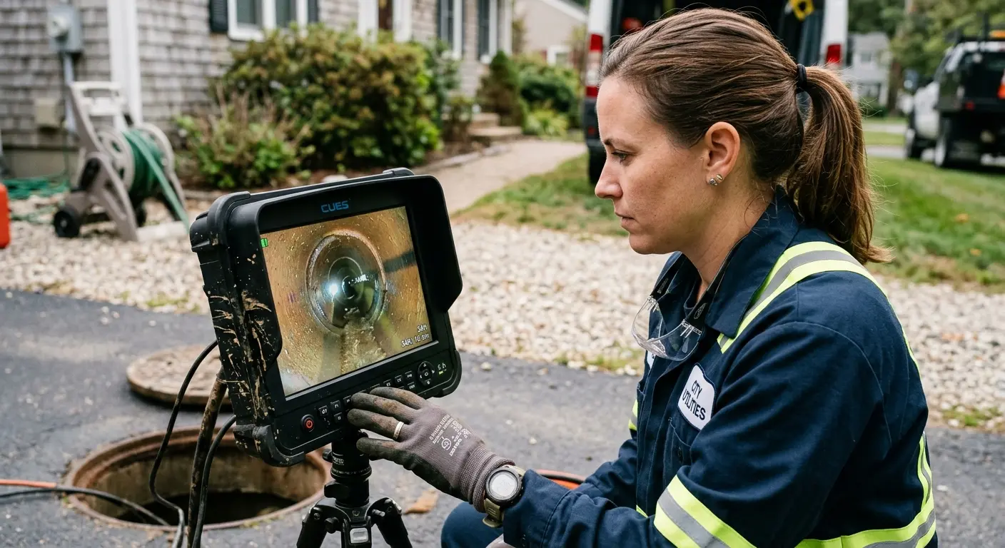 Technician reviewing sewer camera inspection footage in Hammond