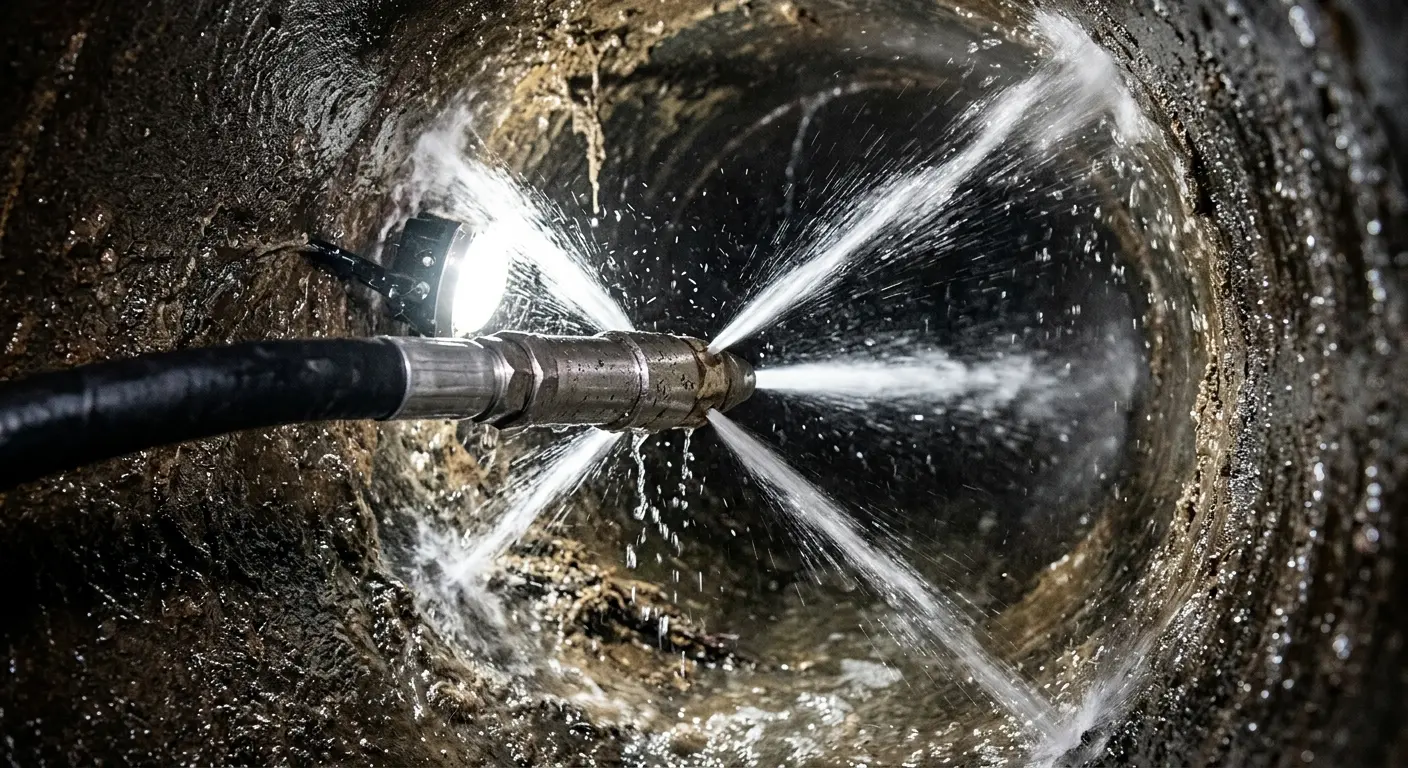 High-pressure hydro jetting nozzle cleaning sewer pipe for Trenchless Sewer Repair in Hammond