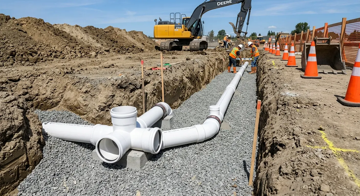New PVC sewer pipe installation in open trench for Sewer Backup in Hammond