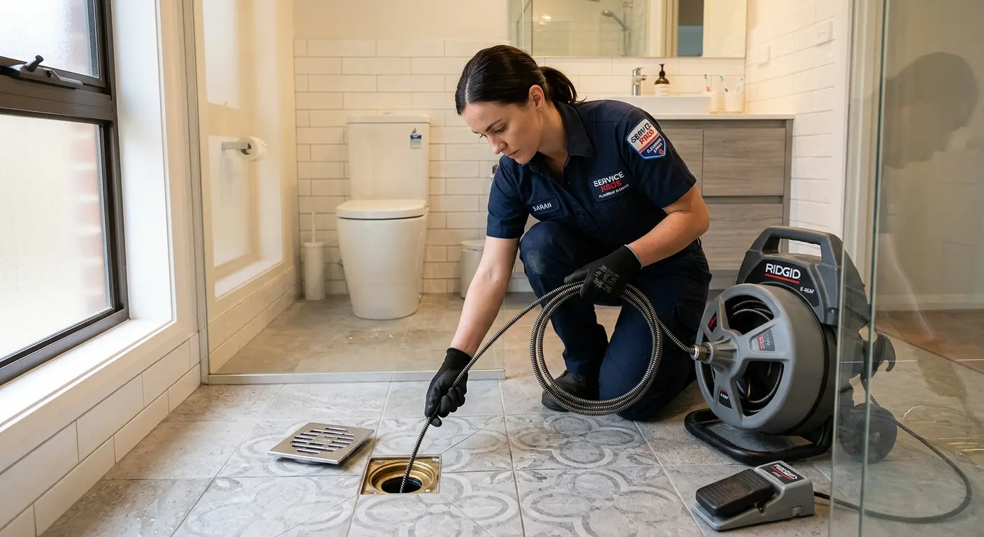 Technician clearing a bathroom floor drain for Clogged Drain Repair in Hammond